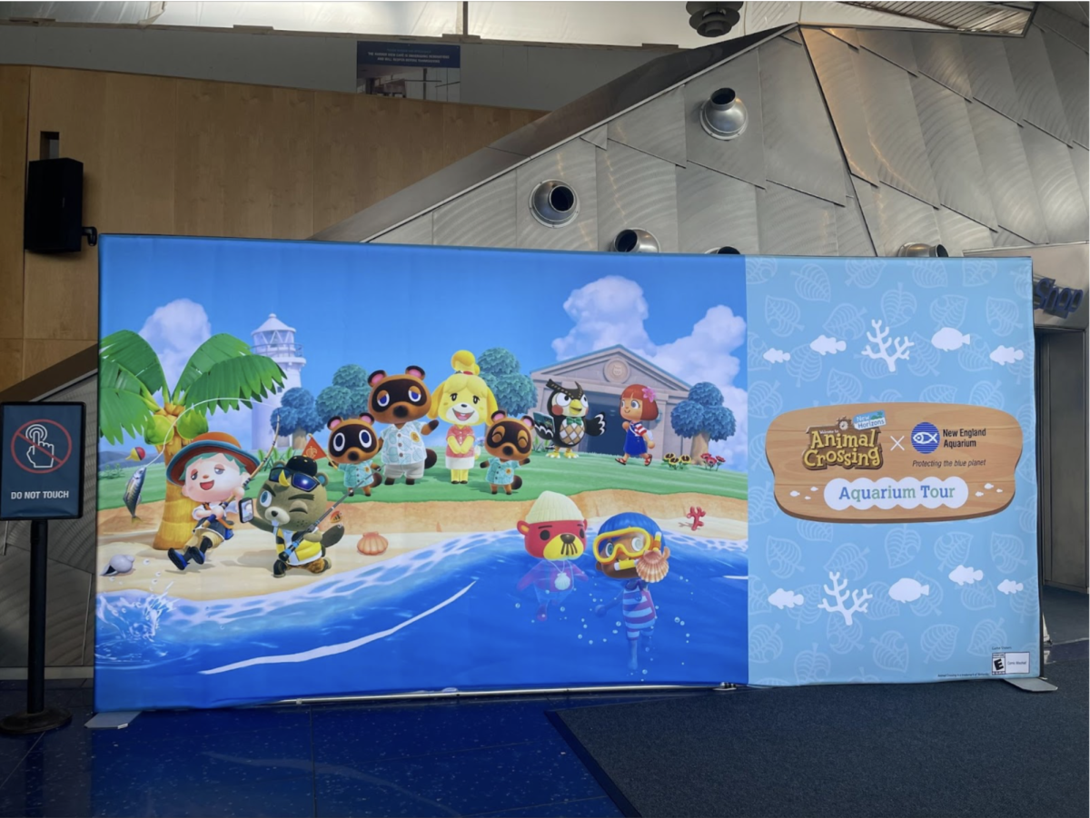 The Animal Crossing sign welcoming guests to the New England Aquarium.